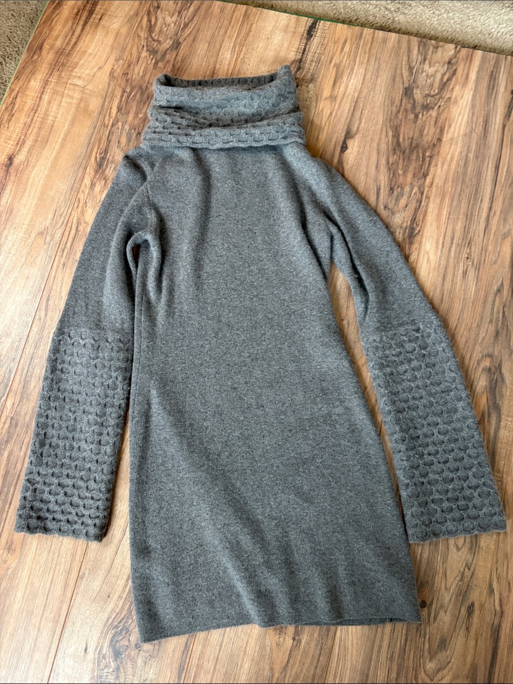 Aqua Gray Cable-Trim Midi Wool Sweater Dress